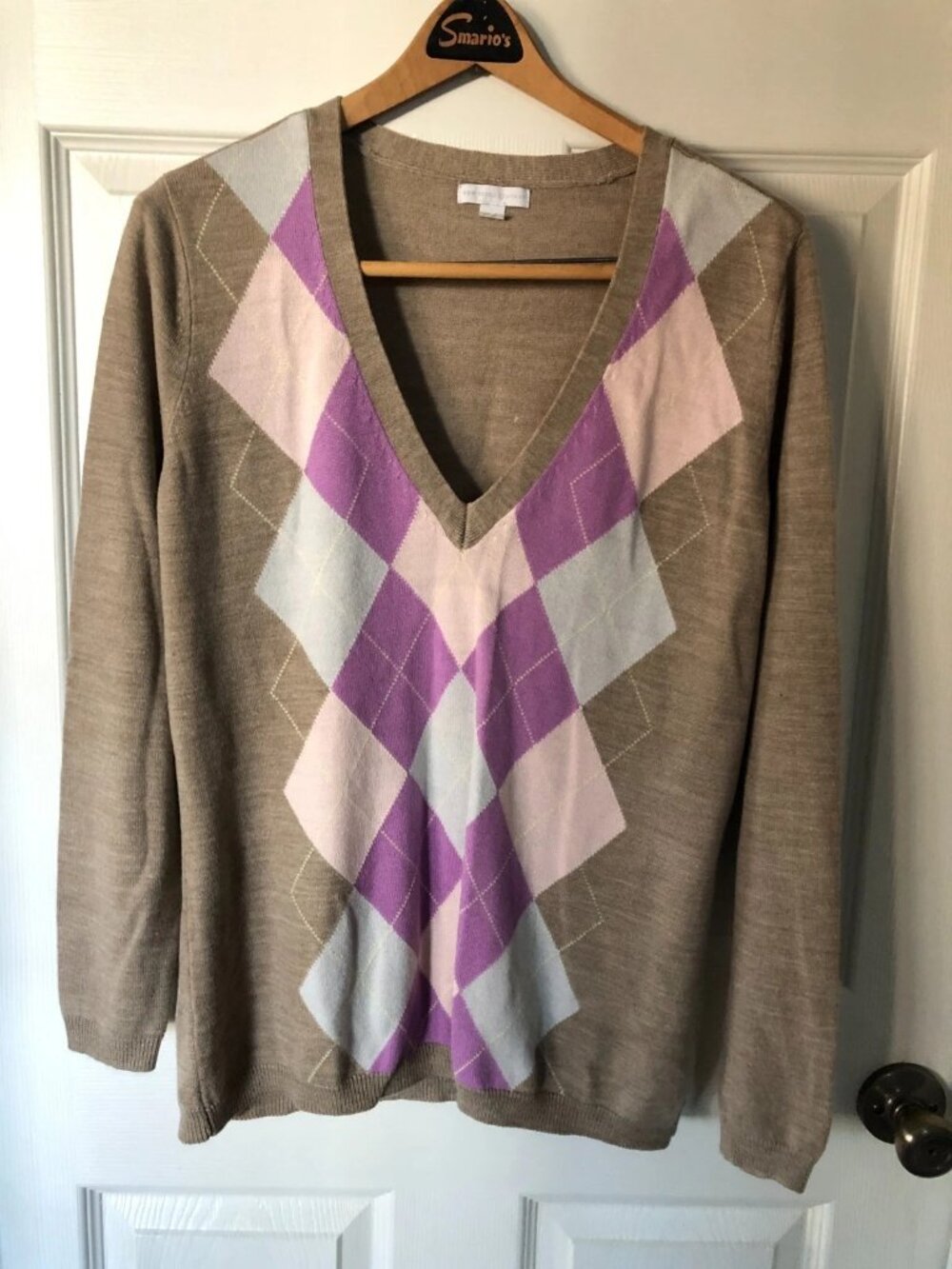 New York & Company Women's Beige V-Neck Pullover Long Sleeve Argyle Size XL - Picture 12 of 12